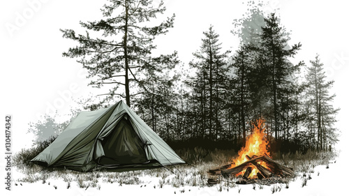 The image is a digital painting or illustration depicting a campsite scene.  A simple, A-frame tent is positioned near a crackling campfire in a forest setting. The trees are primarily dark
