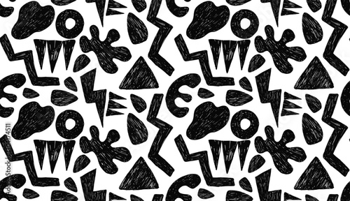 Abstract seamless pattern with bold groovy geometric bizarre shapes in trendy crayon drawing style. Bold pencil abstract shapes.