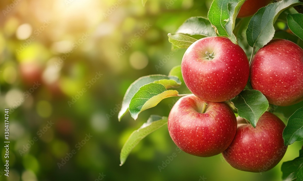 Red apples on a tree branch in an orchard, close-up, with a green background. Summer nature, a healthy food concept Red apples on a tree branch in an orchard, close-up, with a green background. Summer nature, a healthy food concept