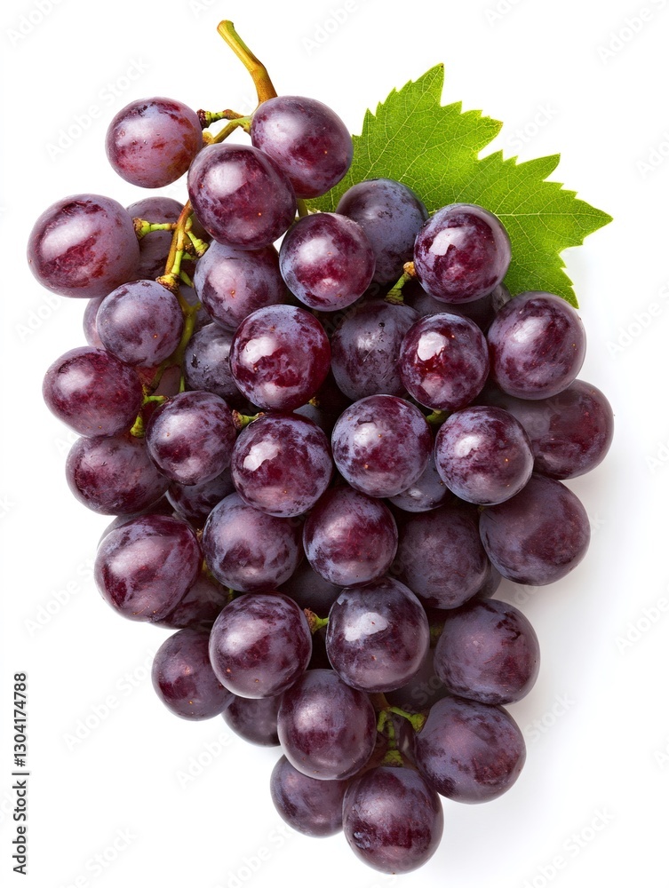 Fototapeta premium Bunch of fresh red grapes with green leaf on white background