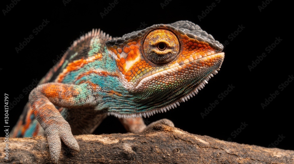Fototapeta premium Colorful chameleon on branch displaying vivid patterns and texture