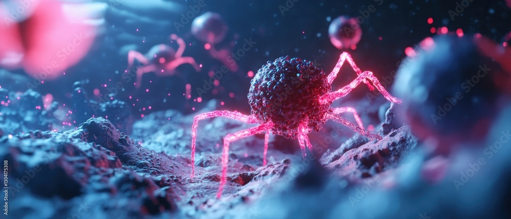 A vibrant, microscopic scene depicting stylized viruses resembling spiders amidst a surreal, colorful environment. A vibrant, microscopic scene depicting stylized viruses resembling spiders amidst a surreal, colorful environment.
