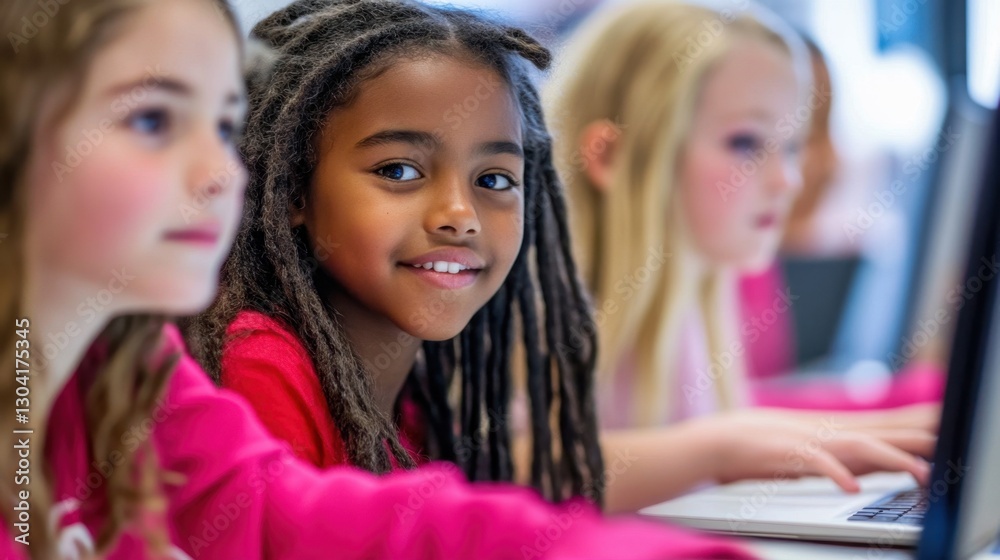 Obraz premium Diverse children engaging with technology in a learning environment International Girls In ICT Day