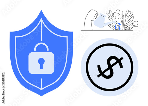 Shield with lock symbolizes security, hand watering flowers growth and nurturing, dollar sign economic value. Ideal for finance, investment, security, growth, economy trust development. Flat simple