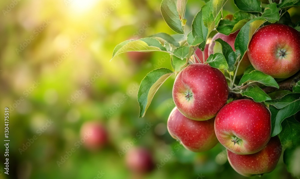 Red apples on a tree branch in an orchard, close-up, with a green background. Summer nature, a healthy food concept Red apples on a tree branch in an orchard, close-up, with a green background. Summer nature, a healthy food concept