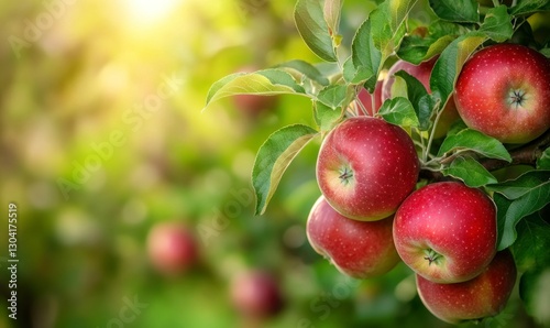 Wallpaper Mural Red apples on a tree branch in an orchard, close-up, with a green background. Summer nature, a healthy food concept Torontodigital.ca