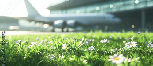 Airplane near airport with flowers in foreground.