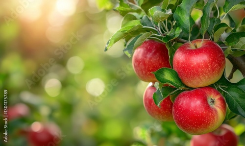 Red apples on a tree branch in an orchard, close-up, with a green background. Summer nature, a healthy food concept