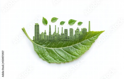 A green leaf with the outline of a city carved on it. The city outline contains elements such as high-rise buildings and factory chimneys.