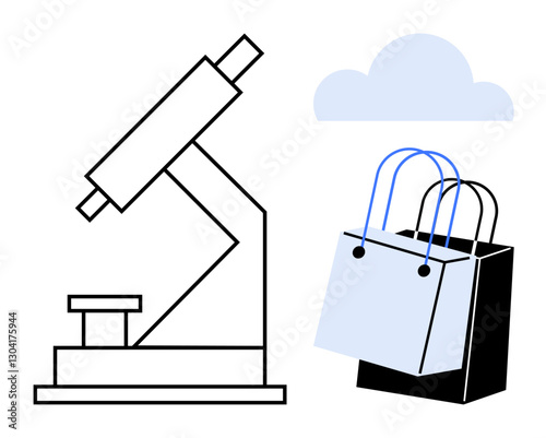 Microscope angled for examination next to shopping bags under a cloud. Ideal for scientific discovery, market analysis, retail research, academic study, e-commerce growth, innovation, theoretical