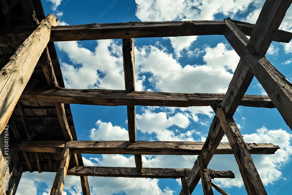 Obraz premium A house being built with wooden beams against a blue sky with clouds.