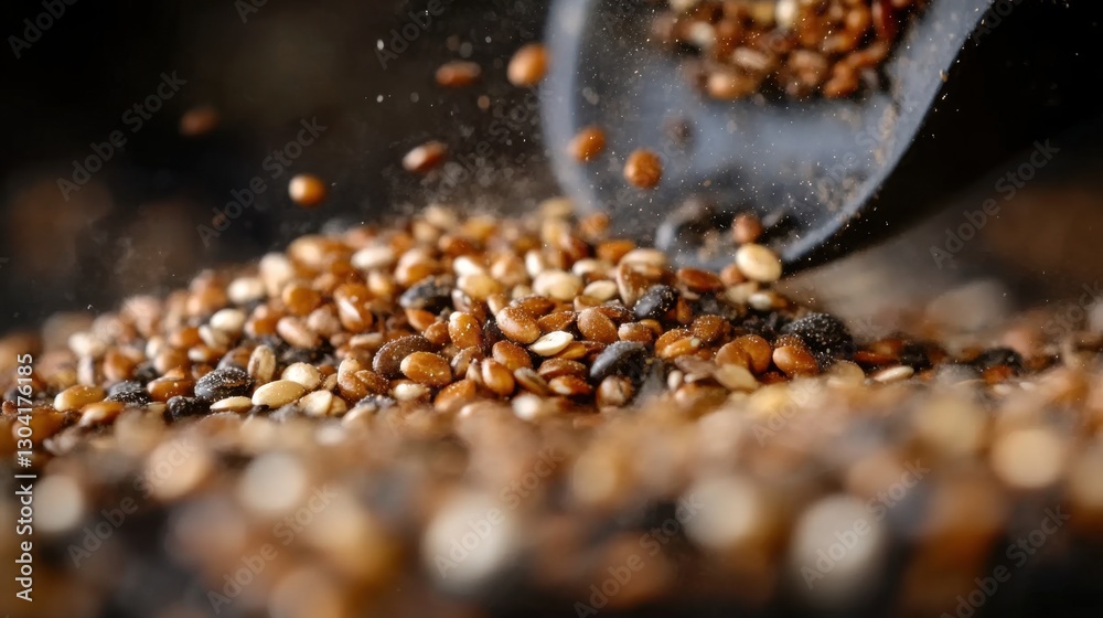 Assorted grains and seeds falling from scoop against dark background Assorted grains and seeds falling from scoop against dark background