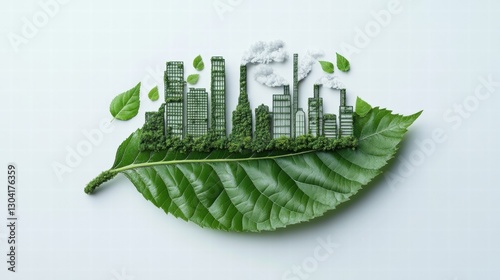 A green leaf with the outline of a city carved on it. The city outline contains elements such as high-rise buildings and factory chimneys.