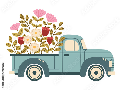 Blue truck with flowers, branches, twigs, tulips, daisies, roses, chrysanthemums. Delicate gentle cottagecore element with botanical elements. Vector illustration isolated on transparent background.