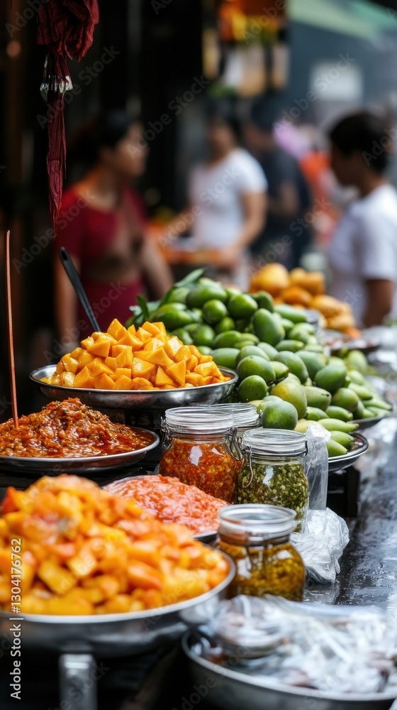 Obraz premium Vibrant asian street market with fresh fruits and vegetables displayed