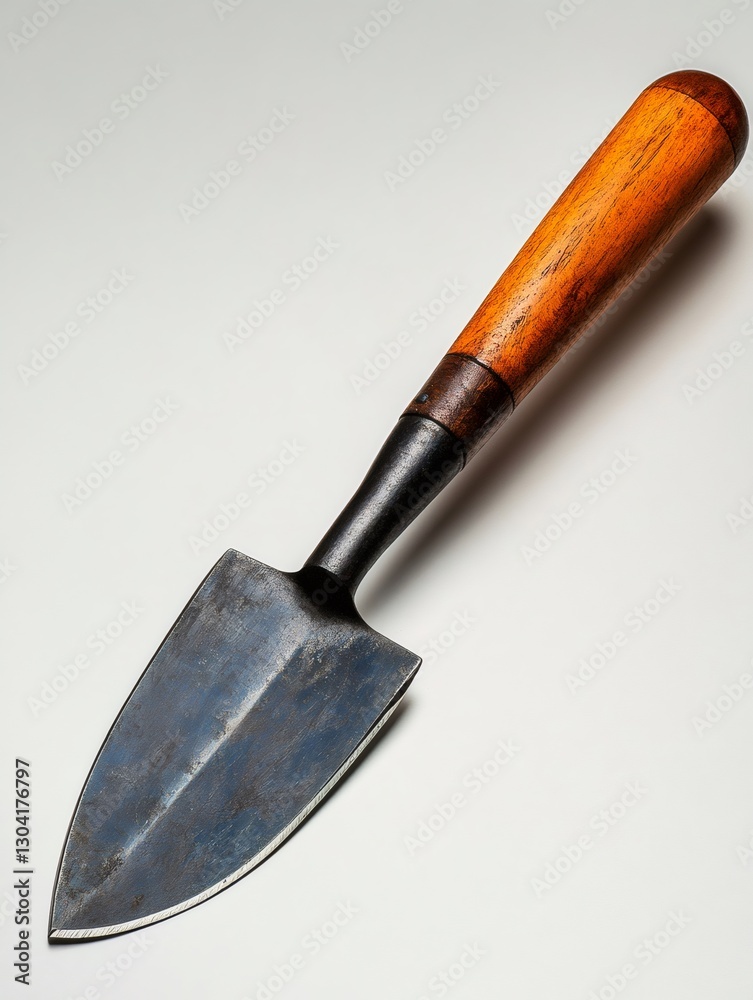 Small gardening trowel with wooden handle lying on white background Small gardening trowel with wooden handle lying on white background