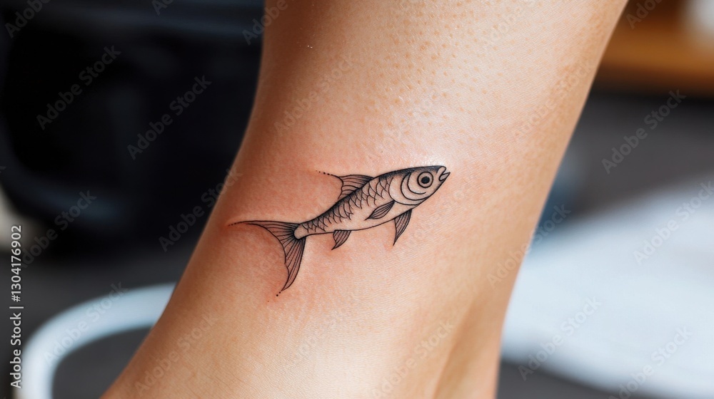 Obraz premium Small fish tattoo on ankle featuring delicate linework and detail