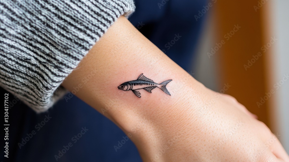 Obraz premium Small shark tattoo on forearm of caucasian adult female wearing knit sweater