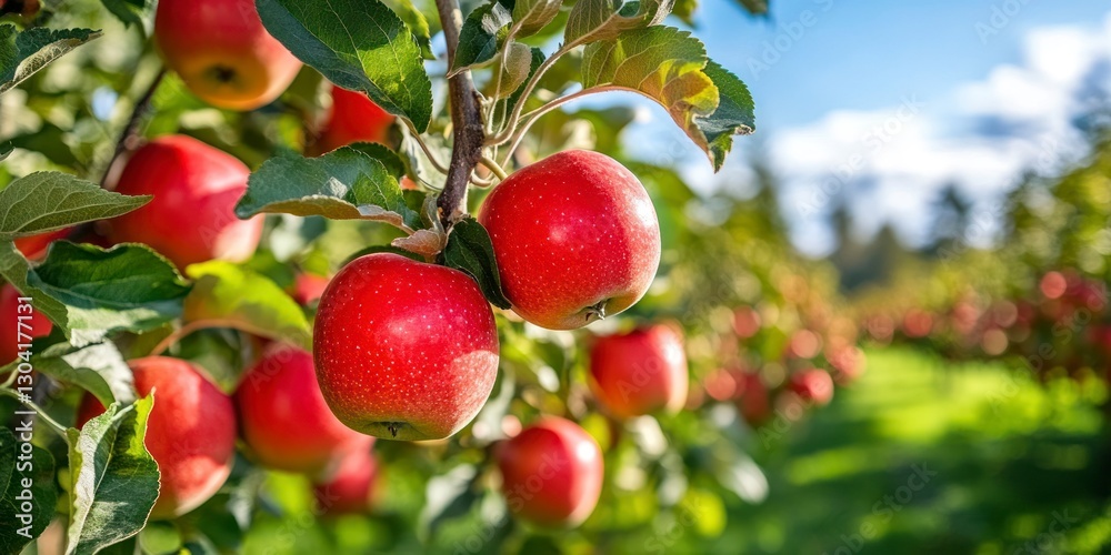 Red apples on an apple tree branch in an orchard against a blue sky on a sunny day, with a background of green trees and grass Red apples on an apple tree branch in an orchard against a blue sky on a sunny day, with a background of green trees and grass
