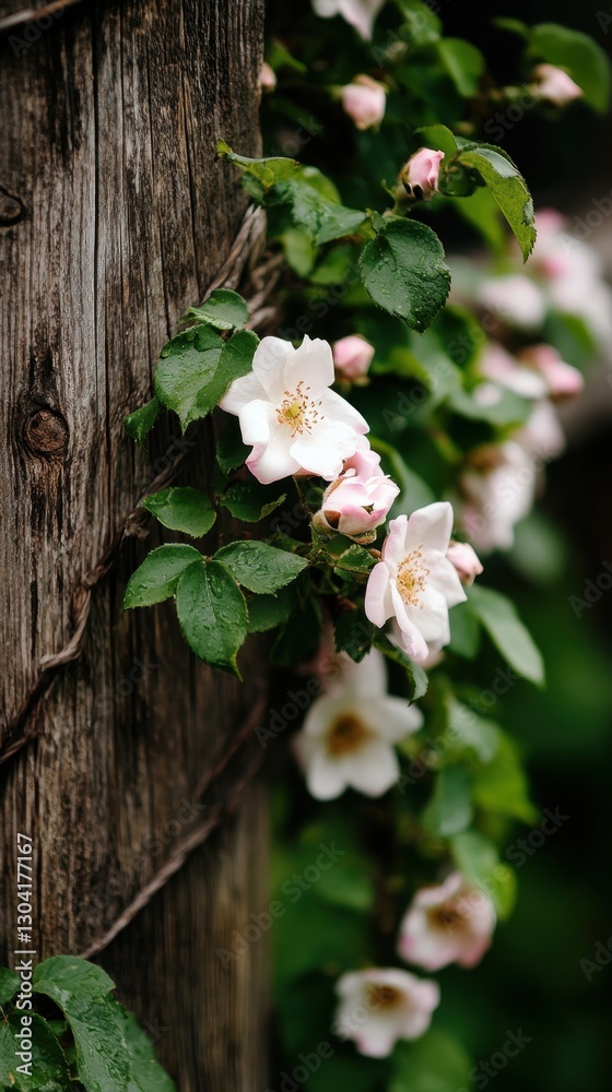 Delicate pink roses on wooden post with lush green leaves in garden setting Delicate pink roses on wooden post with lush green leaves in garden setting