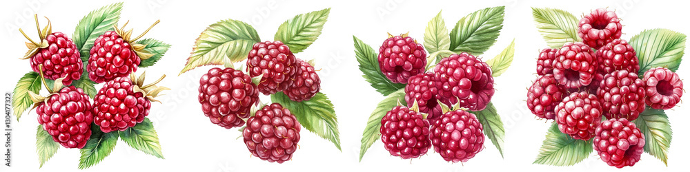 Illustration of vibrant red raspberries with green leaves, showcasing different clusters and arrangements. detailed artwork highlights texture and freshness of fruit, perfect for nature themed Illustration of vibrant red raspberries with green leaves, showcasing different clusters and arrangements. detailed artwork highlights texture and freshness of fruit, perfect for nature themed
