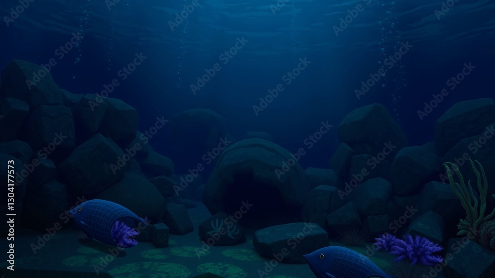 Fototapeta premium Serene Underwater Scene Dark Blue Ocean Depths with Fish and Coral