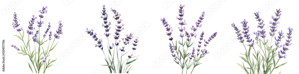 Obraz premium Illustration of four lavender sprigs with delicate purple flowers and green leaves, showcasing their natural beauty and elegance. detailed depiction highlights calming essence of lavender