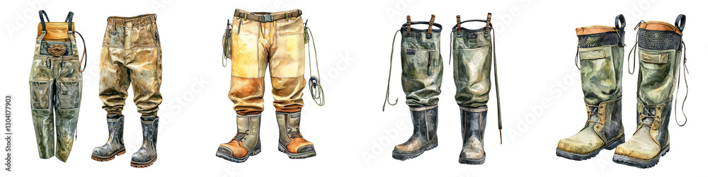 collection of rugged, worn workwear including overalls, pants, and boots, showcasing variety of colors and textures. These items reflect vintage, utilitarian style suitable for outdoor activities collection of rugged, worn workwear including overalls, pants, and boots, showcasing variety of colors and textures. These items reflect vintage, utilitarian style suitable for outdoor activities