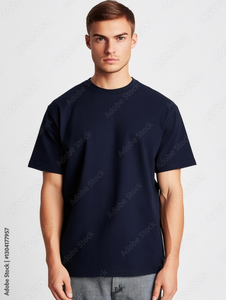 Obraz premium Handsome man wearing plain navy blue t shirt mockup for your design