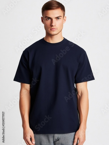 Handsome man wearing plain navy blue t shirt mockup for your design