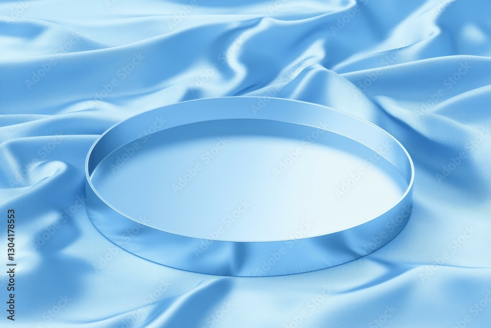 Fototapeta premium Light Blue Silk Fabric Background with Empty Round Display