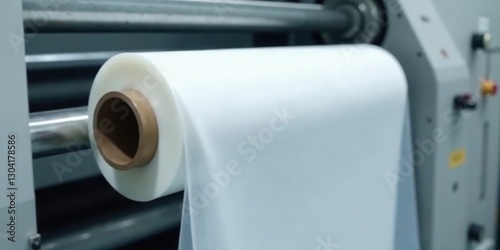 Large roll of thin white material unwinding from industrial machinery during manufacturing process