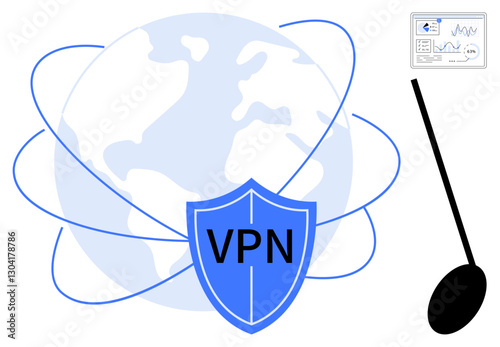 Shield with VPN text over globe surrounded by network lines, biometric scanner, and analytics data screen. Ideal for security, privacy, technology, internet safety, network access, data protection