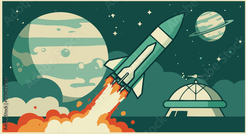 Fantastic sticker in orange-green tones. Space sci-fi set posters colorful with planets and space rocket. EPS 10 version.