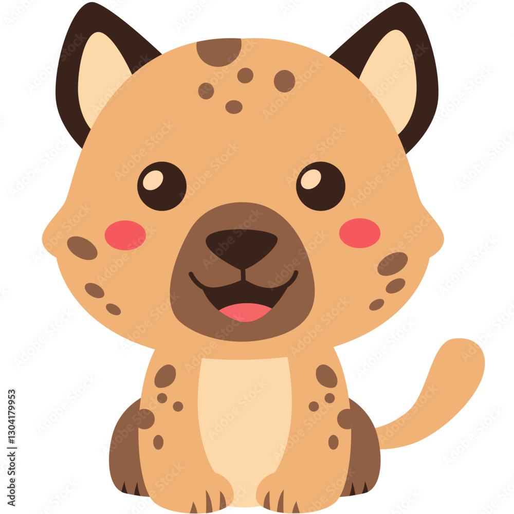 Vector illustration of a cute cartoon hyena with a happy expression, featuring brown fur with dark spots and pink blush on the cheeks. Vector illustration of a cute cartoon hyena with a happy expression, featuring brown fur with dark spots and pink blush on the cheeks.