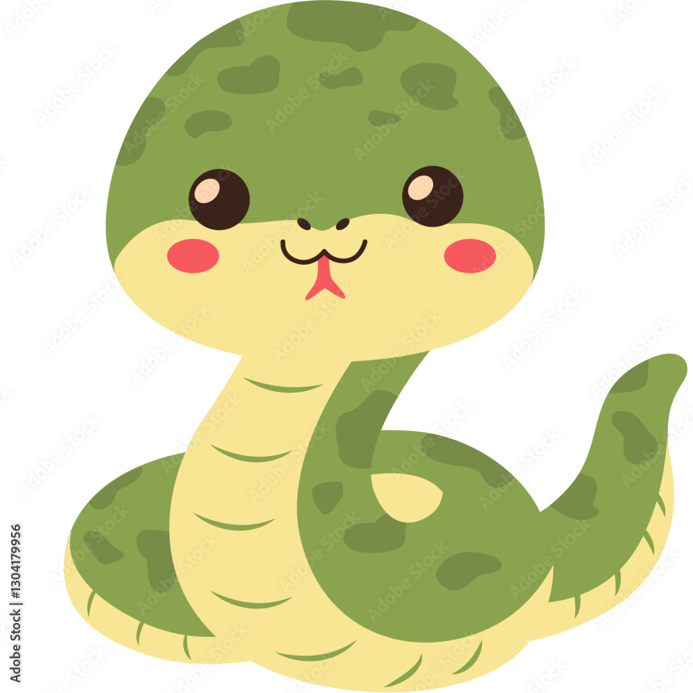 Fototapeta premium Vector illustration of a cute cartoon snake in green and beige colors with a friendly expression. Perfect for children's decor, logos, stickers, or educational materials.