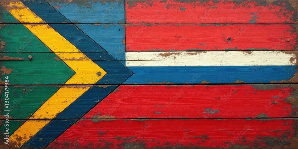 Naklejka premium Distressed Wooden Planks Displaying a Vivid and Striking Bicolor Flag Design with Bold Geometric Shapes