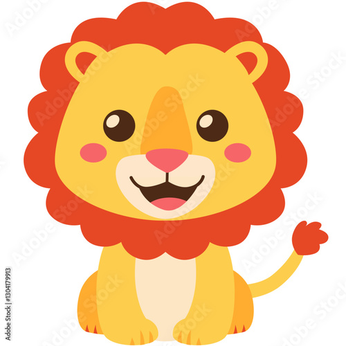 Vector illustration of a cute cartoon lion with a happy expression, featuring a bright yellow body and an orange mane with pink blush on the cheeks. 