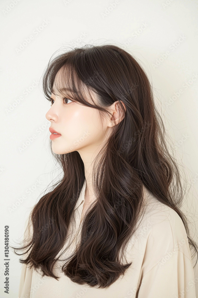 Young Woman with Wavy Hair Looking to the Side in a Minimalist Setting Young Woman with Wavy Hair Looking to the Side in a Minimalist Setting
