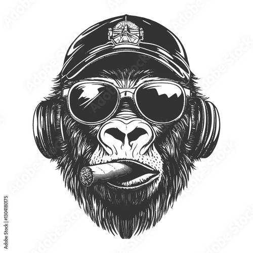 Gorilla head with smoking cigarette in monochrome style vector illustration