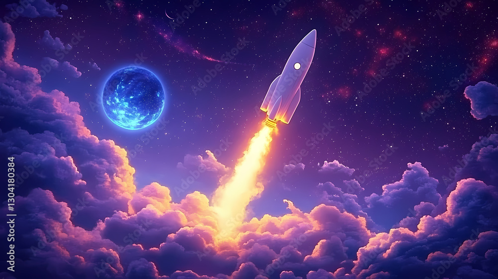 Rocket Launching through Dreamy Clouds and Stars
