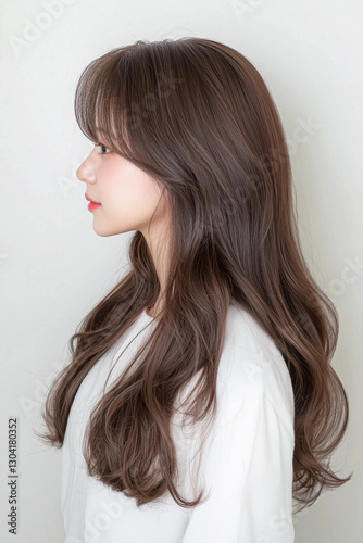 Young Woman with Wavy Hair Looking to the Side in a Minimalist Setting