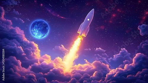 Obraz na płótnie Rocket Launching through Dreamy Clouds and Stars w salonie
