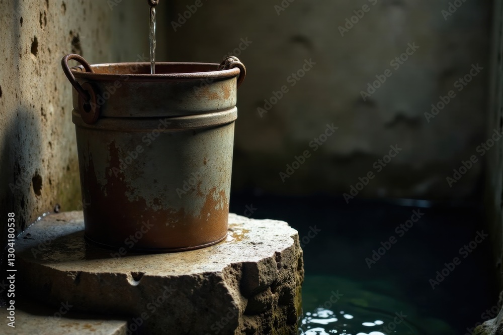 Rustic metal bucket slowly filling with water from an aged stone fountain, a serene scene of simple hydration Rustic metal bucket slowly filling with water from an aged stone fountain, a serene scene of simple hydration