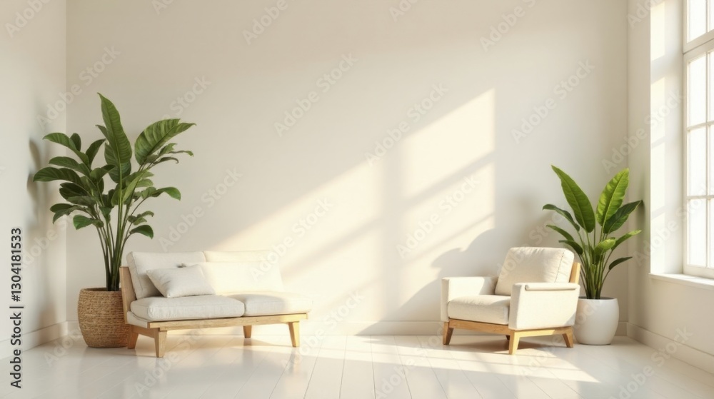 Serene Minimalist Living Room with Sunlight Streaming Through Window and Lush Potted Plants Serene Minimalist Living Room with Sunlight Streaming Through Window and Lush Potted Plants