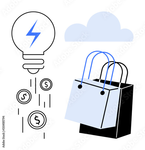 Lightbulb emitting coins represents profitable ideas, accompanied by shopping bags signifying consumption. Ideal for innovation, e-commerce, business concepts, financial growth, consumerism