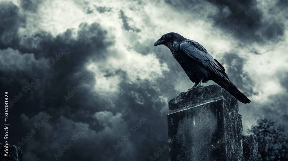 Fototapeta premium Raven on Grave at Night