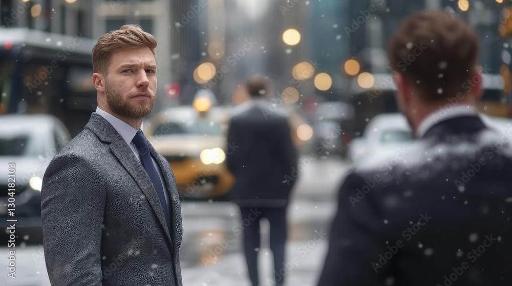 Corporate lawyers handling international trade disputes in a snowy New York City, USA.