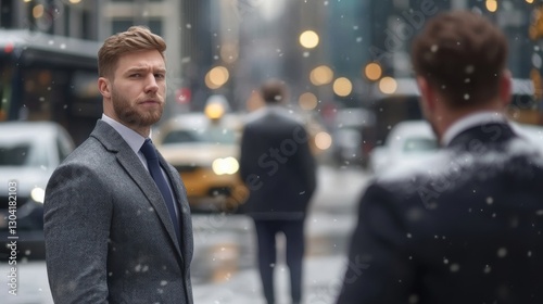 Obraz na płótnie Corporate lawyers handling international trade disputes in a snowy New York City, USA. w salonie