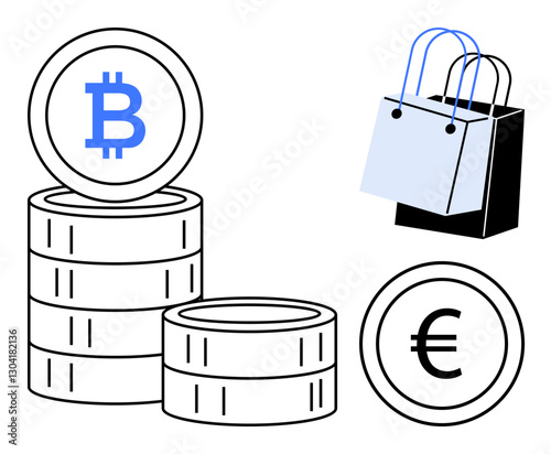 Stacks of Bitcoin and Euro coins beside shopping bags signifying the contrast and convergence of digital currency and traditional retail. Ideal for e-commerce, cryptocurrency, finance, digital